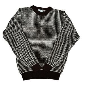 Vintage Chunky Knit Sweater Brown White Checkered Pattern Retro Pullover GS Co.